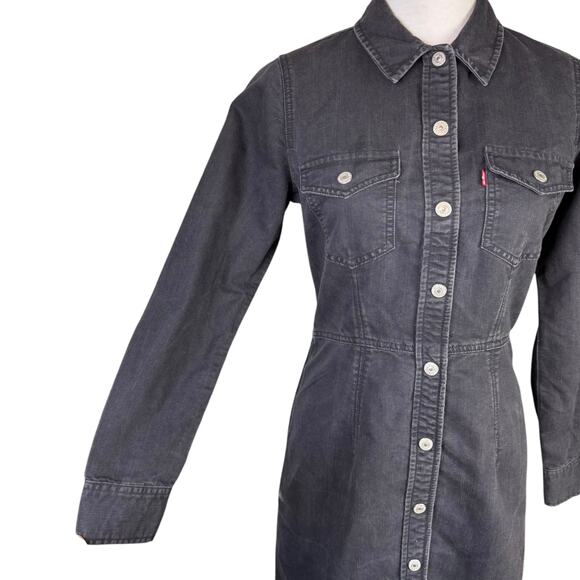 Levi’s Ellie Black Denim Long Sleeve Snap Button Waist Defined Trucker Dress - Picture 9 of 15